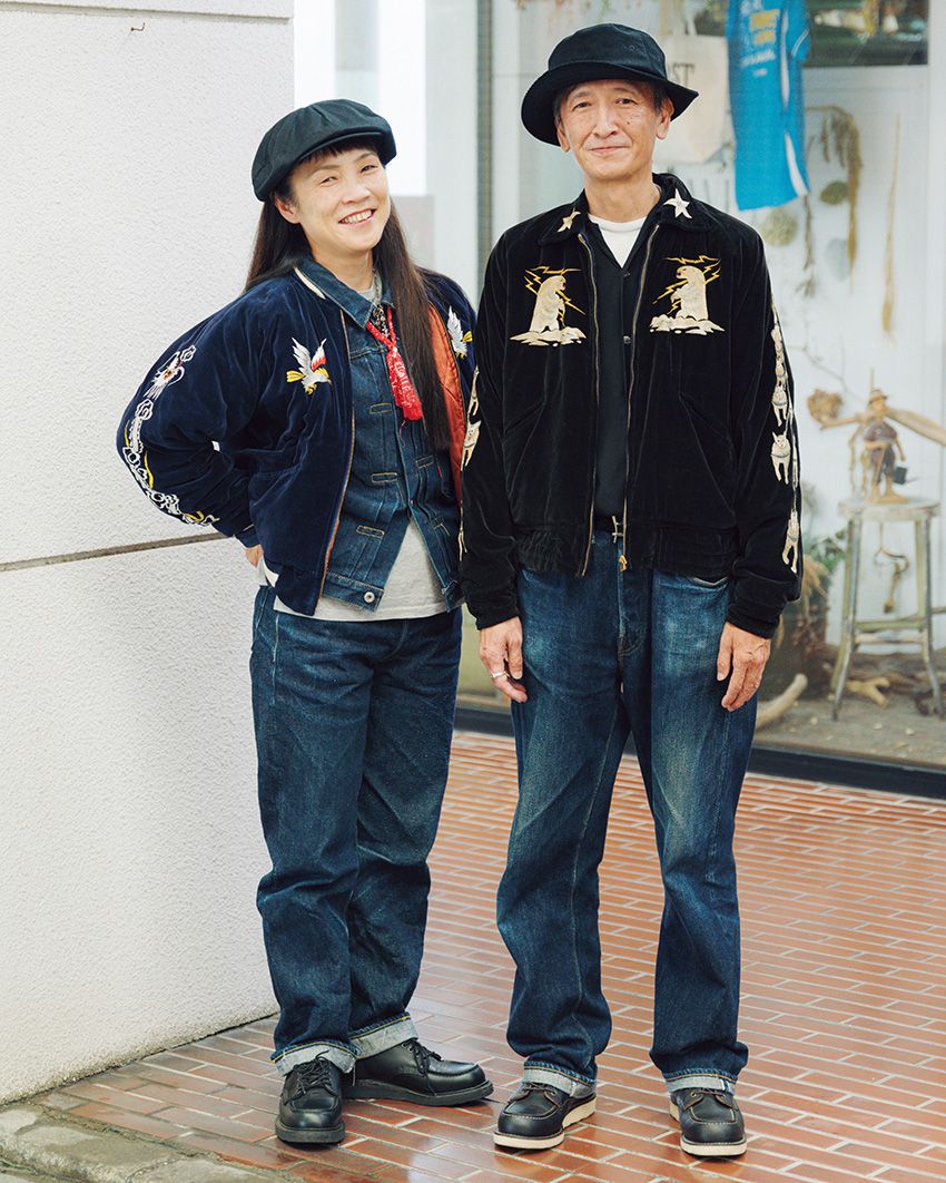男性●デニム＝ワンピースオブロック　ジャケット＝古着　シャツ＝フォアモースト　靴＝レッドウィング　女性●Gジャン、デニム＝ワンピースオブロック × フォアモースト　ジャケット＝古着