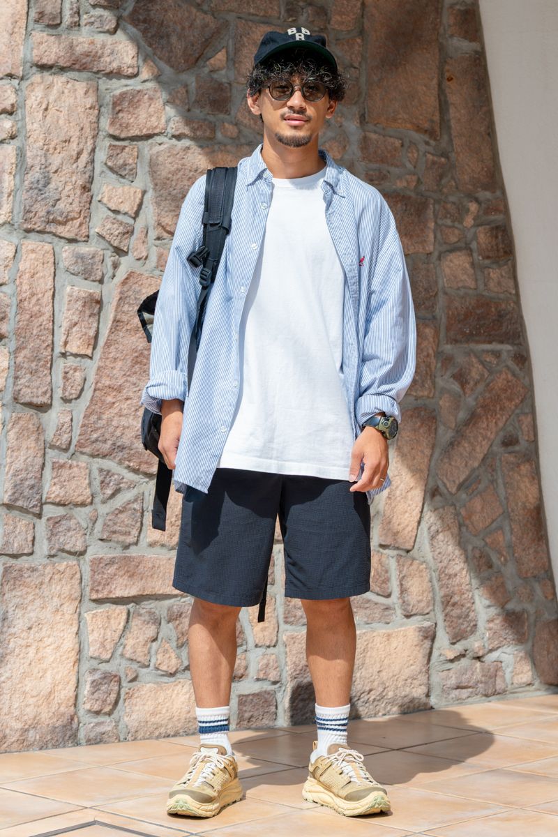 シャツ＝カンゴール　Tシャツ＝ハレ　パンツ＝ワークマン　シューズ＝ホカ　帽子＝カシラ　眼鏡＝ジンズ　バッグ＝ミッションワークショップ　腕時計＝カシオ