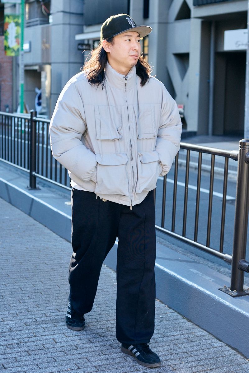 ダウンジャケット 不明  スウェット 古着  パンツ ジーユー  シューズ アディダス  帽子 ニューエラ  リング フランクアンドイージー  リング2 ヴァンクリーフアンドアーペル