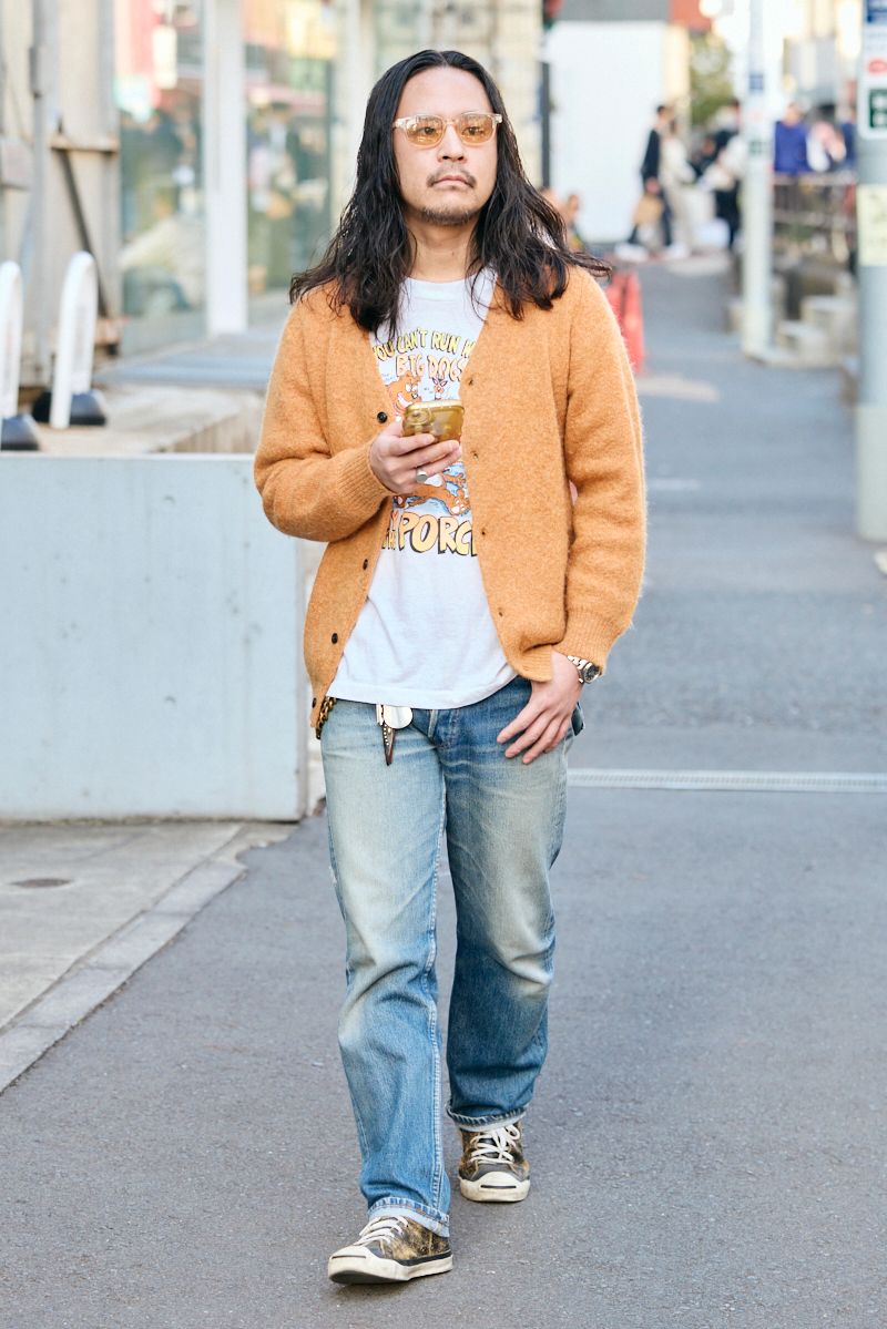 カーディガン ソフトマシーン  Tシャツ スクリーンスターズ  デニム リーバイス  シューズ コンバース  眼鏡 古着  腕時計 ロレックス  リング 不明