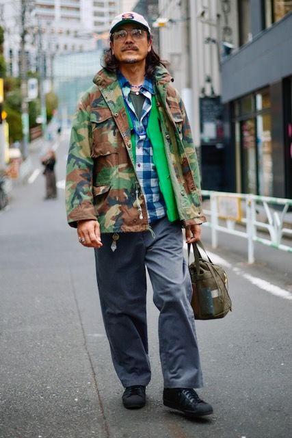 ジャケット 古着  ベスト オルテガ  パンツ ディッキーズ  シューズ アディダス  帽子 アメリカンニードル  眼鏡 ユニクロ  バッグ 無印良品  ネックレス オリジナル（自作）  ブレスレット 不明  リング 不明