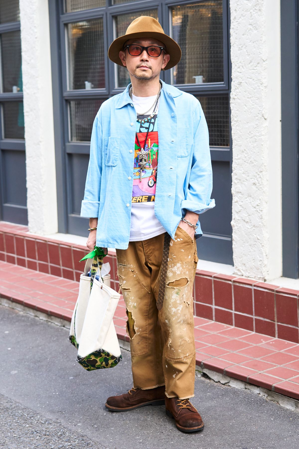 帽子 カシラ  眼鏡 ゾフ  ネックレス コディサンダーソン  シャツ ナンバーナイン  Tシャツ ノーブランド  パンツ カラー  バッグ セントマイケル×アベイシングエイプ  ブレスレット エルメス  リング トムウッド  シューズ 古着