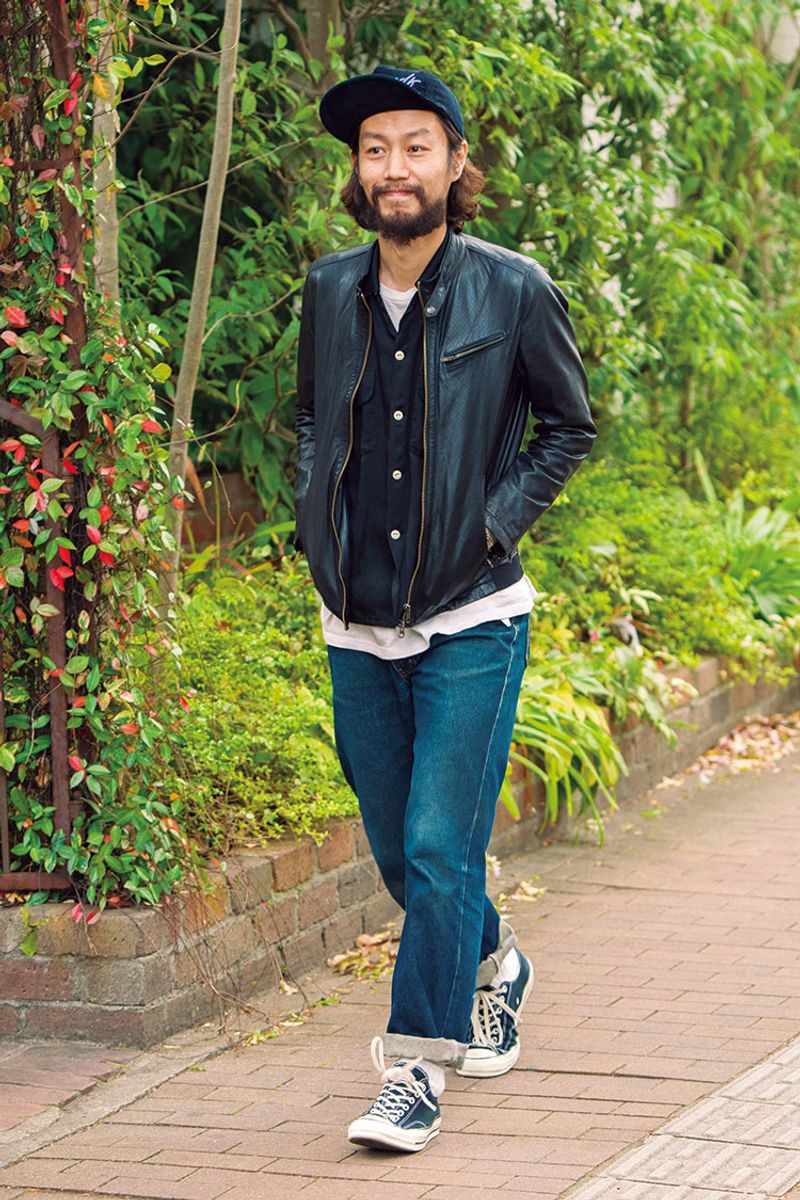 古着の革ジャン×デニムという王道。ロールアップをアクセントに 多々良 桂