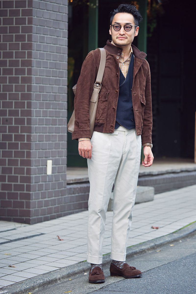 茶のスエードブルゾンを、バランスよくまとめたお手本コーデ 平山敬史