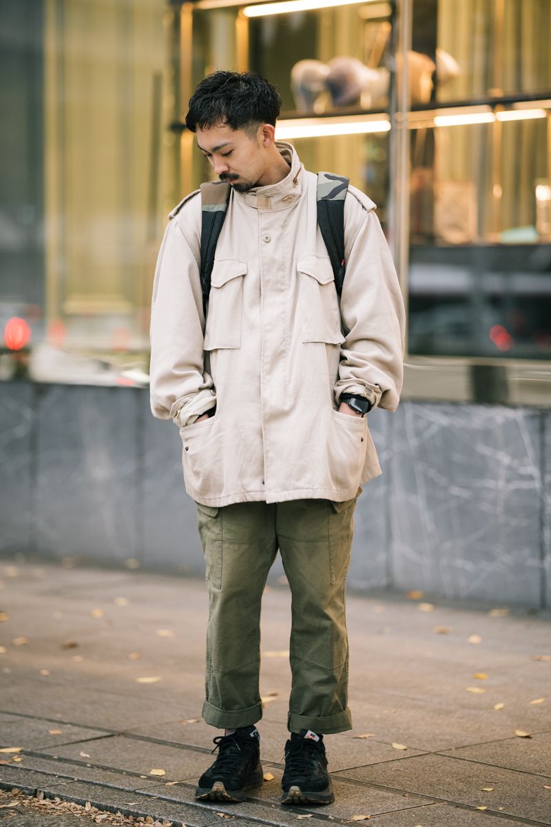 迷彩と軍パンの鉄板コーデ。丈感で洒落度UP 谷地聖哉