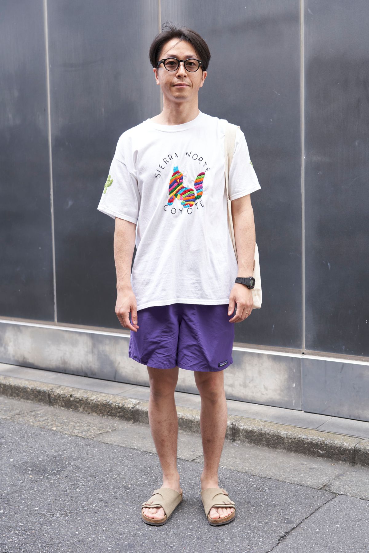 Tシャツ オアハカ  パンツ パタゴニア  シューズ ビルケンシュトック  眼鏡 フォーナインズ  バッグ 不明  腕時計 カシオ
