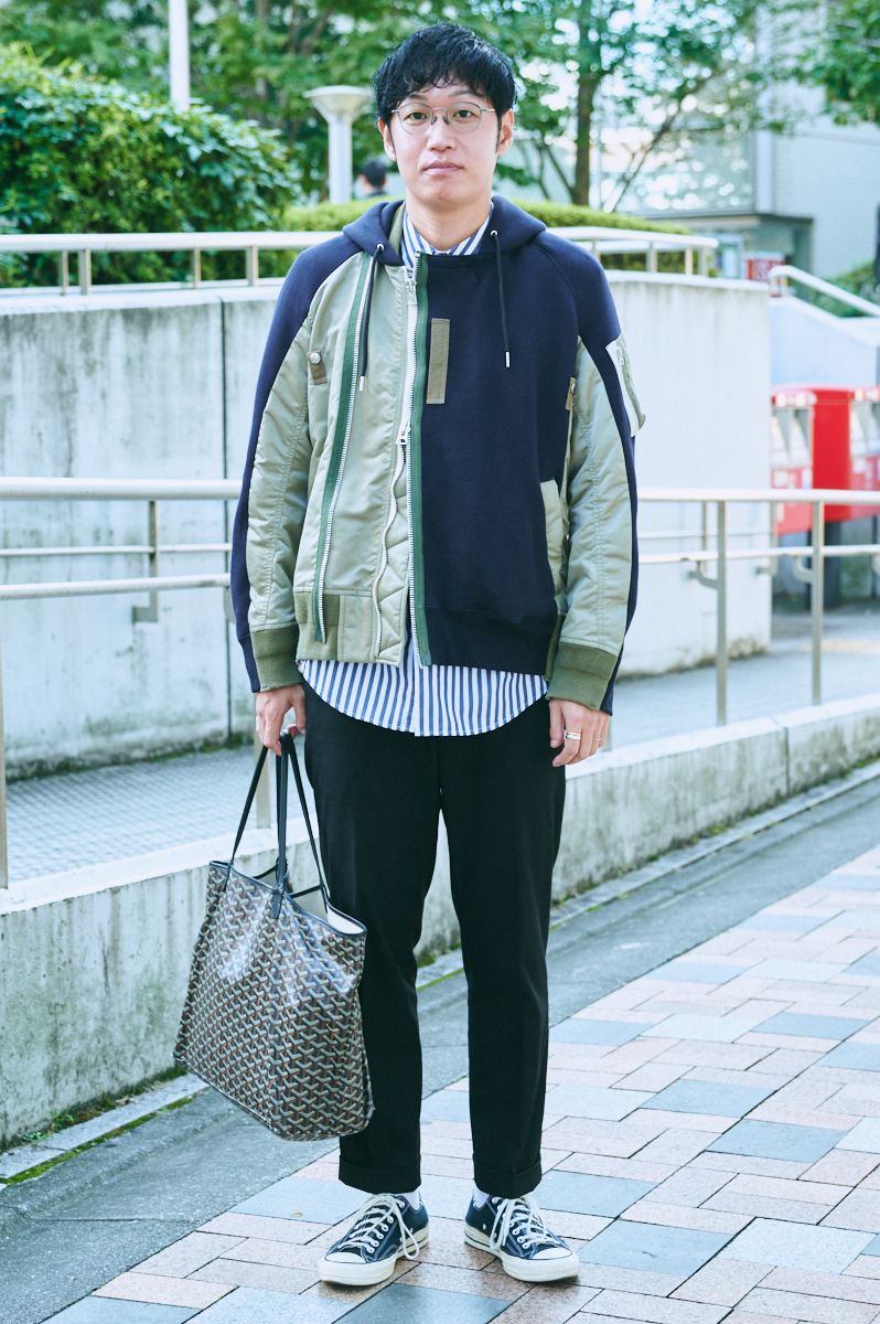 ブルゾン サカイ  シャツ ジーユー  パンツ ユニクロ  シューズ コンバース  眼鏡 フォーナインズ  バッグ ゴヤール  腕時計 ロレックス  バングル エルメス