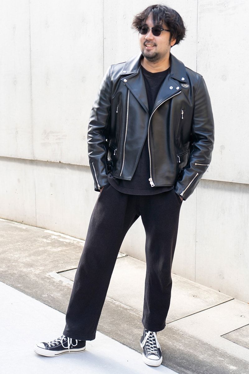 ライダーズジャケット ルイスレザーズ  カットソー コンビニエンスウェア  パンツ ループウィラー  スニーカー コンバース