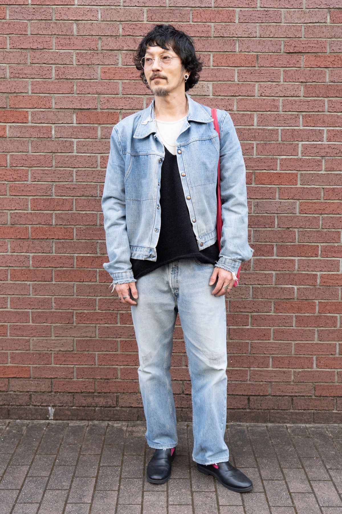 Gジャン 古着  ニット イーティーエスマテリオ  Tシャツ 古着  デニム 古着  シューズ ビーミングbyビームス  眼鏡 シュロン  バッグ ノーブランド  ネックレス 不明  リング メゾンマルジェラ  リング2 シハラ