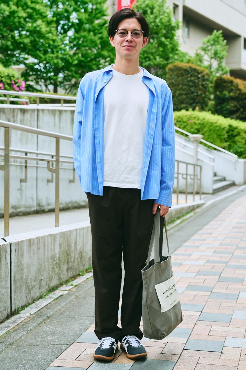 シャツ グローバルワーク  Tシャツ ユニクロ  パンツ 無印良品  シューズ オニツカタイガー  眼鏡 ジンズ  バッグ ビューティフルピープル  腕時計 ノット