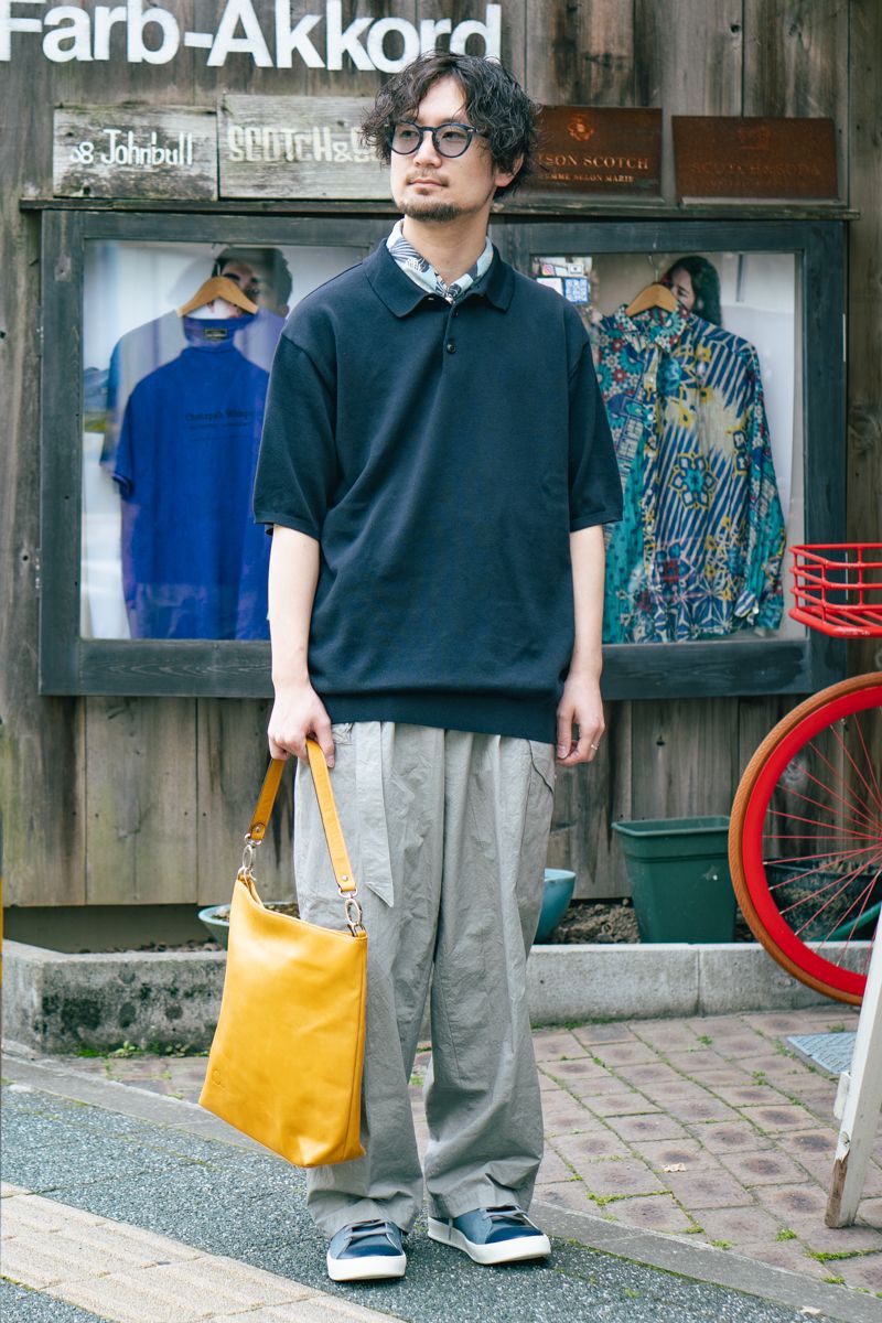 ポロシャツ コムアーチ  パンツ エゴトリッピング  シューズ アトリエポム  眼鏡 ドクターレイ