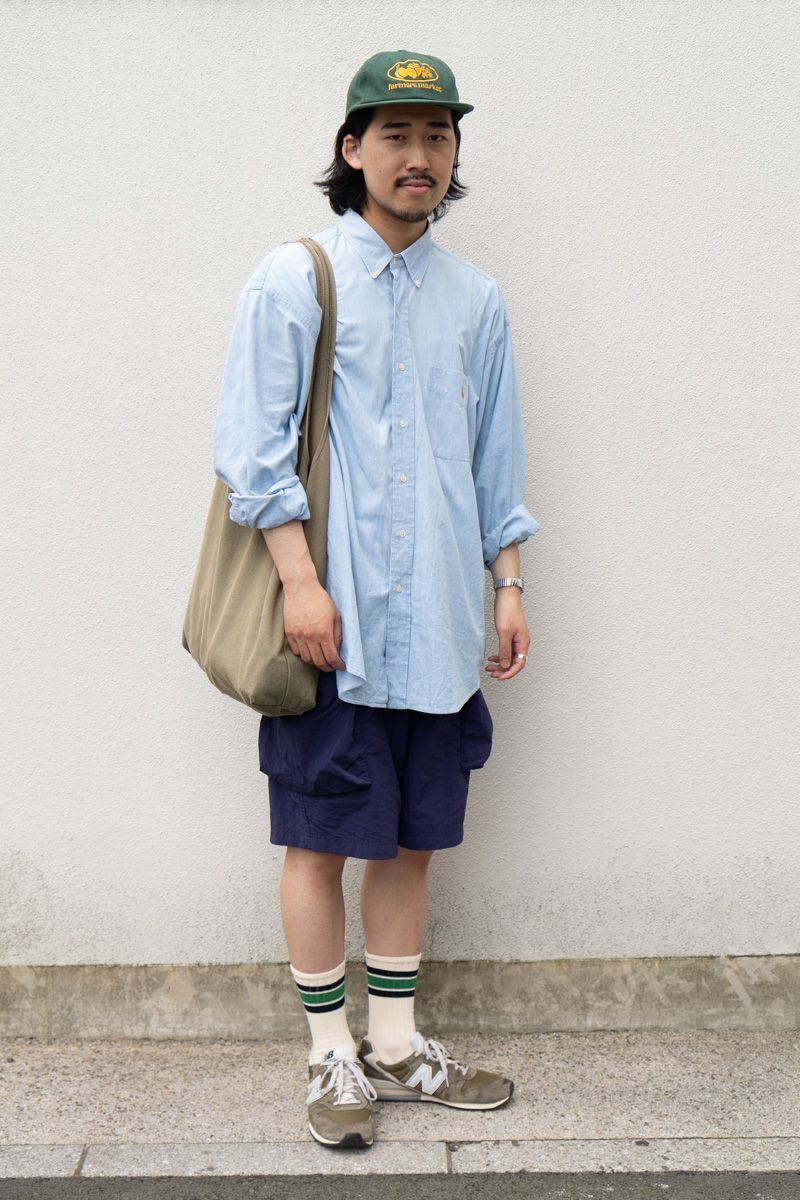 シャツ=ポロラルフローレン パンツ=ユニクロ シューズ=ニューバランス 帽子=古着 バッグ=ダルトン 腕時計=ヴァーグウォッチカンパニー リング=ヴィンテージ
