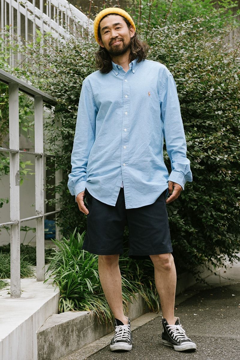 シャツ=ポロラルフローレン ショーツ=レッドキャップ スニーカー=コンバース 帽子=コロンビア