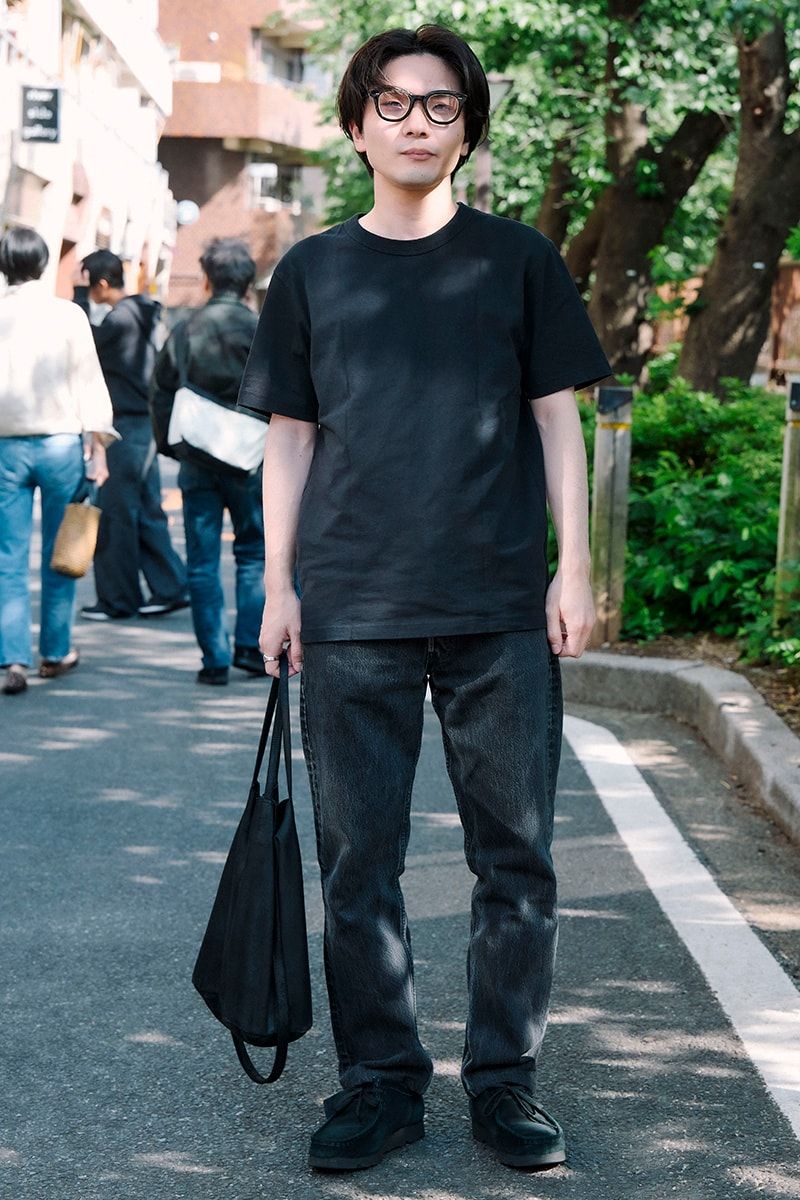 プルオーバー=オーユーエーティー Tシャツ=ユニクロ デニム=リーバイス 靴=クラークスオリジナルズ 眼鏡=ユウイチトヤマ バッグ=モルフェ