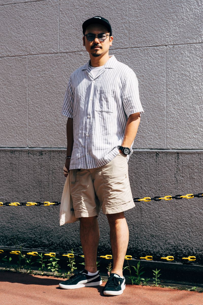 シャツ=ギャップ パンツ=ユニクロ シューズ=プーマ 帽子=ザ・ノース・フェイス 眼鏡=ユニクロ バッグ=モンベル 腕時計=シチズン バングル=アンダーグラウンドメタルファクトリー リング=不明